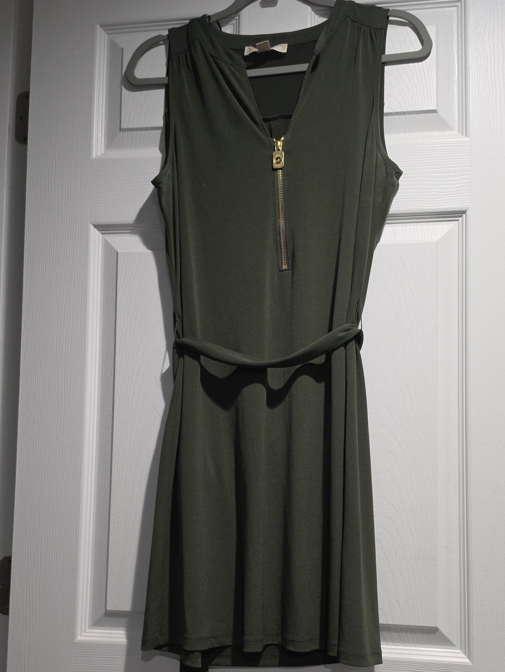 Michael Kors Olive Green Sleeveless Zip-Front Mini Dress with Belt